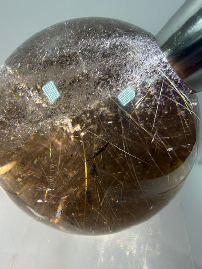 Rutile Quartz Sphere. 70mm. Large Smoky Quartz With Rare Golden Rutile Inclusions. Nice Quality Display