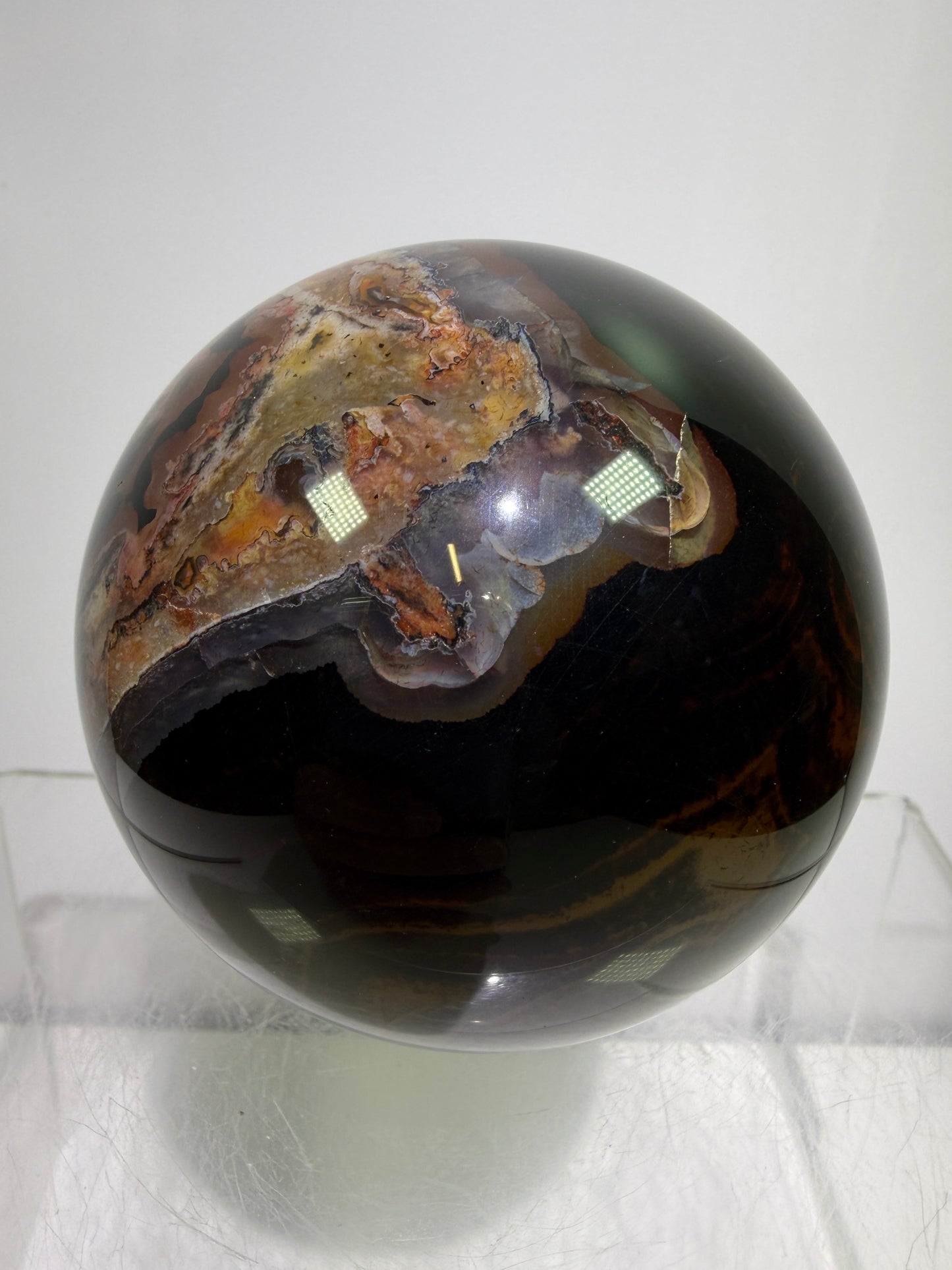 Silk Agate Sphere. 66mm. Druzy Banded Agate From Madagascar. Stunning Colors And Patterns On This Display Sphere.