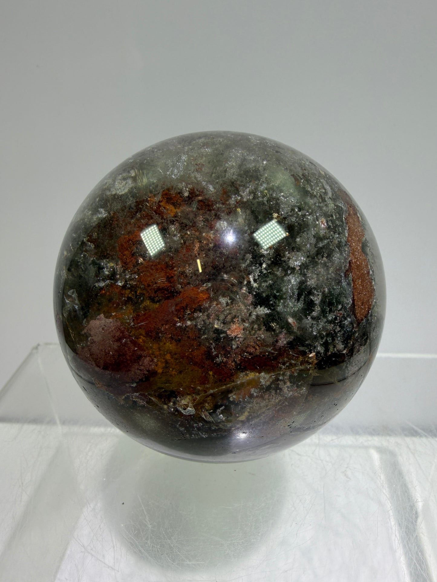 Garden Quartz Lodolite Sphere. 57mm. Orange And Red Colorful Landscape. High Quality With Rare Colors!