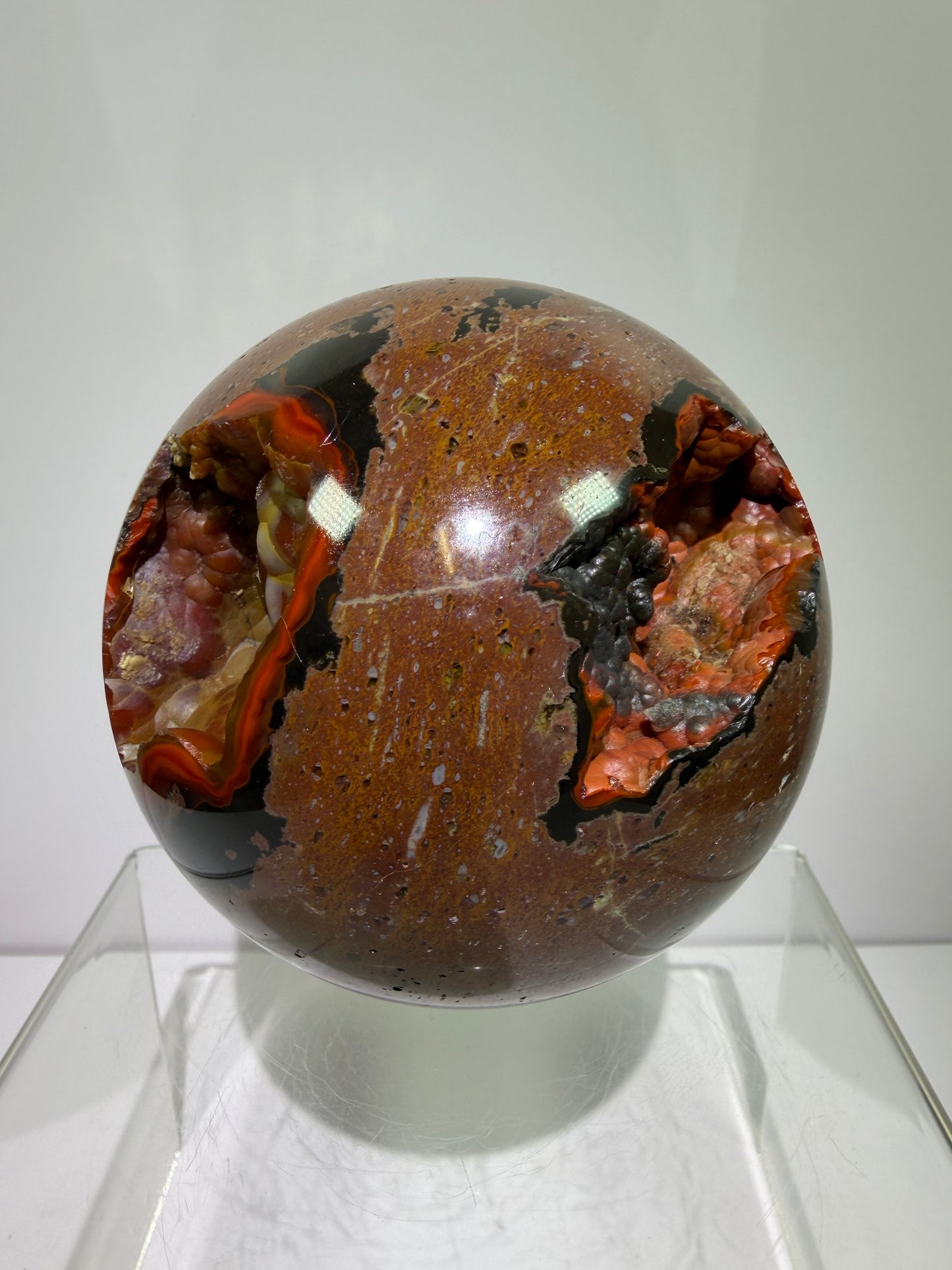 Red Fox Agate Sphere. 89mm. Large Druzy Crater Agate From Argentina. Stunning Rare Botryoidal Nodules