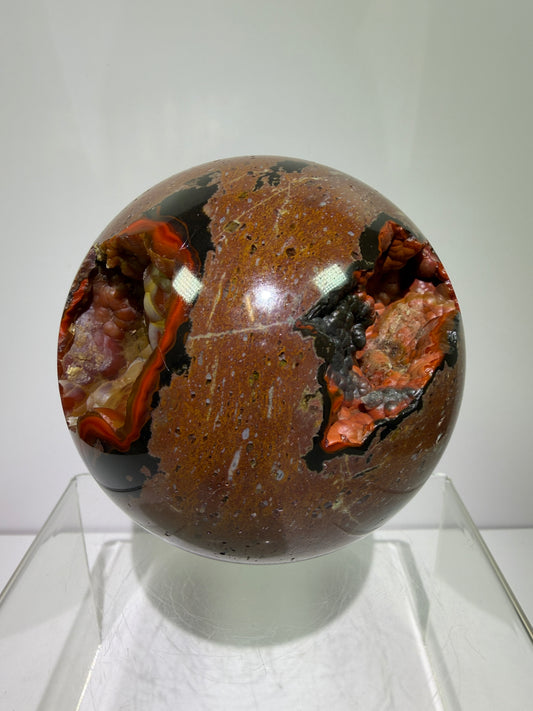 Red Fox Agate Sphere. 89mm. Large Druzy Crater Agate From Argentina. Stunning Rare Botryoidal Nodules