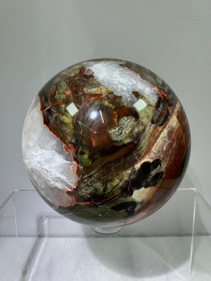 Money Agate Crystal Sphere. 72mm. Very Rare Shades Of Green. Stunning Indonesian Bloodstone. Amazing Colors And Patterns