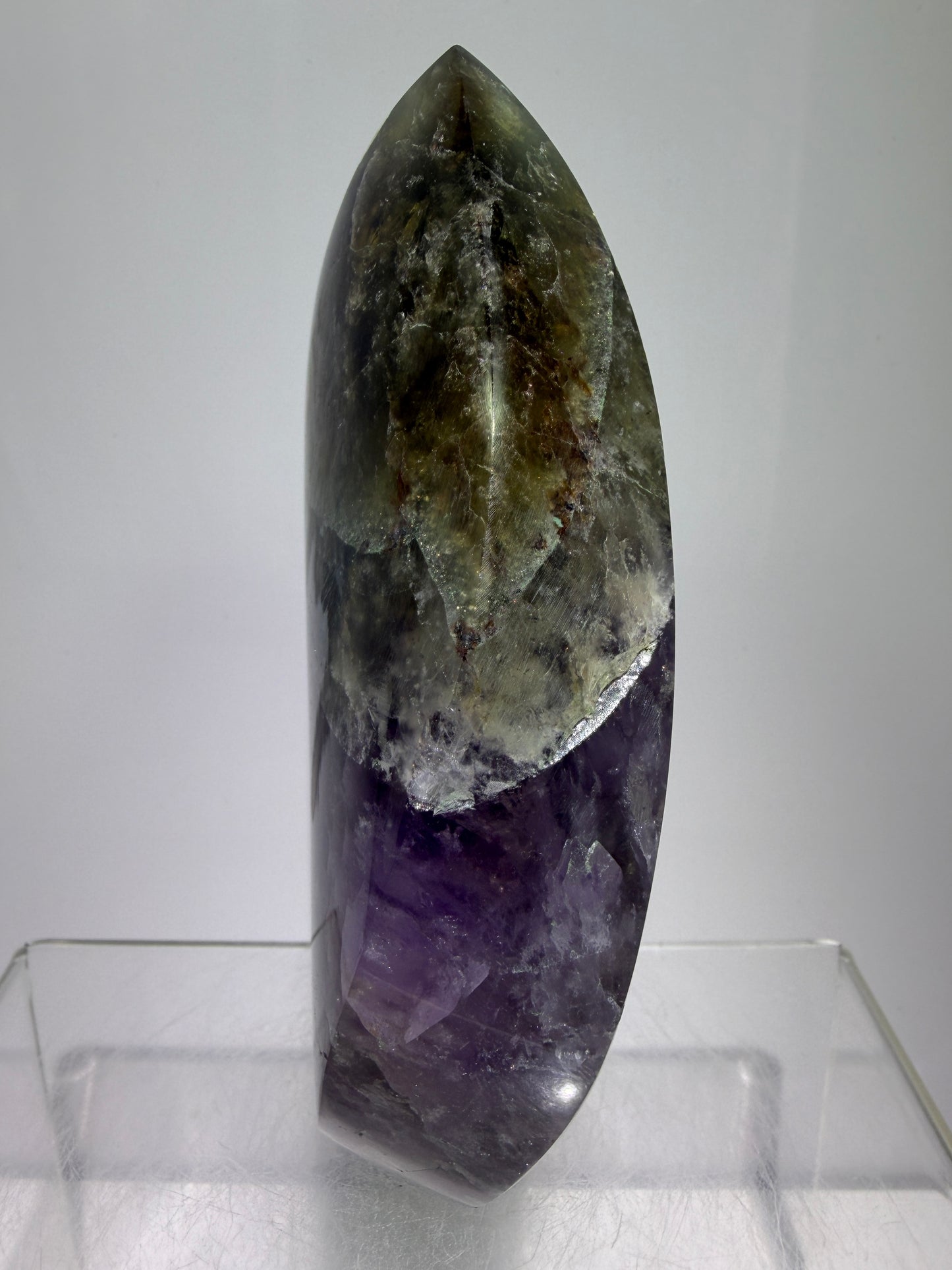 Amethyst Cacoxenite Flame. Stunning Purple Smoky Amethyst Polished Flame From Brazil. Beautiful Amethyst Display Crystal