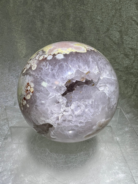 Flower Agate Sphere. 82mm. Stunning Druzy On This Large Centerpiece. Gorgeous One Of A Kind Display Sphere.
