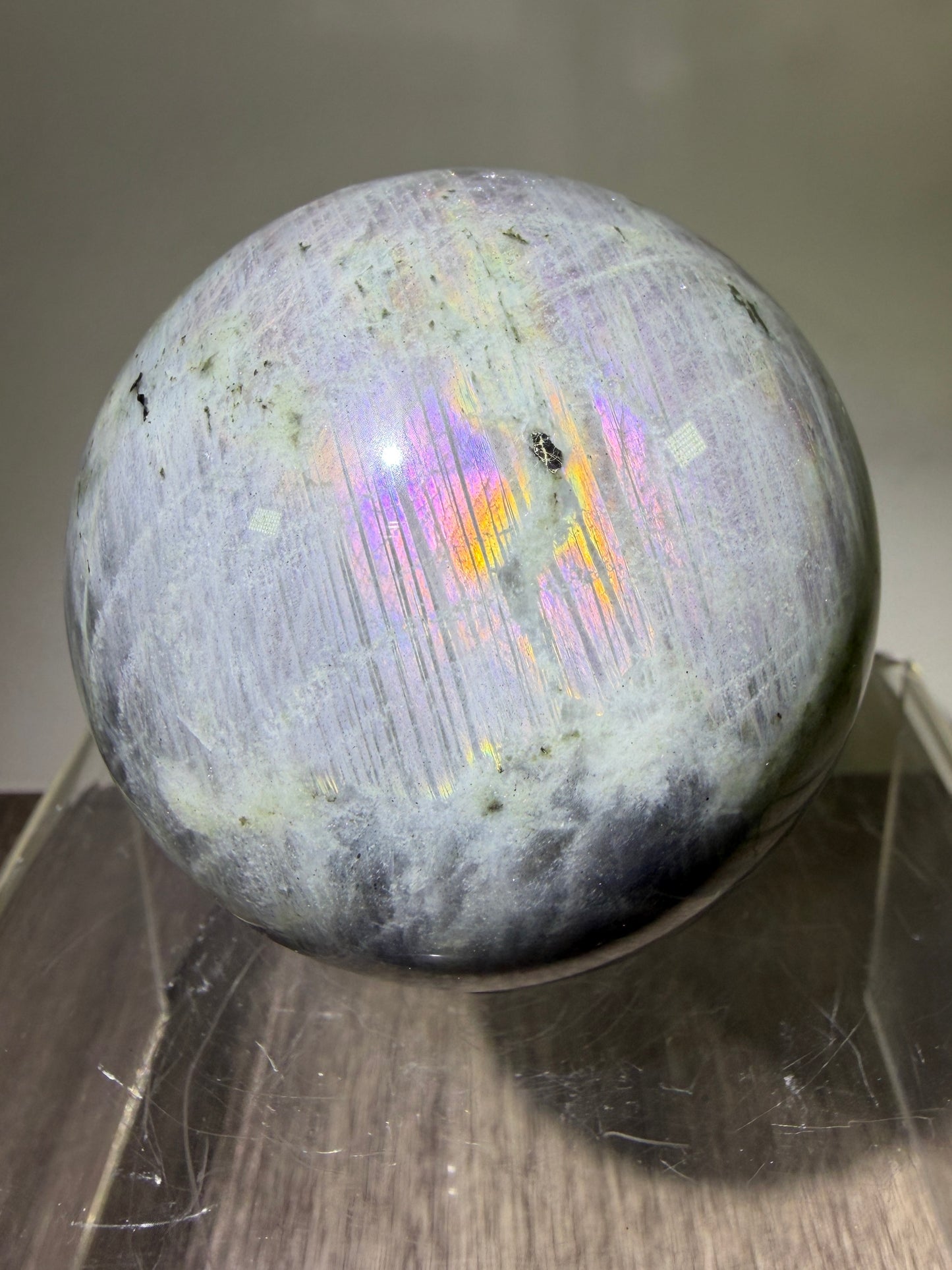 Labradorite Crystal Sphere. 61mm. Stunning Pink Rainbow Flash. Gorgeous Display Sphere.