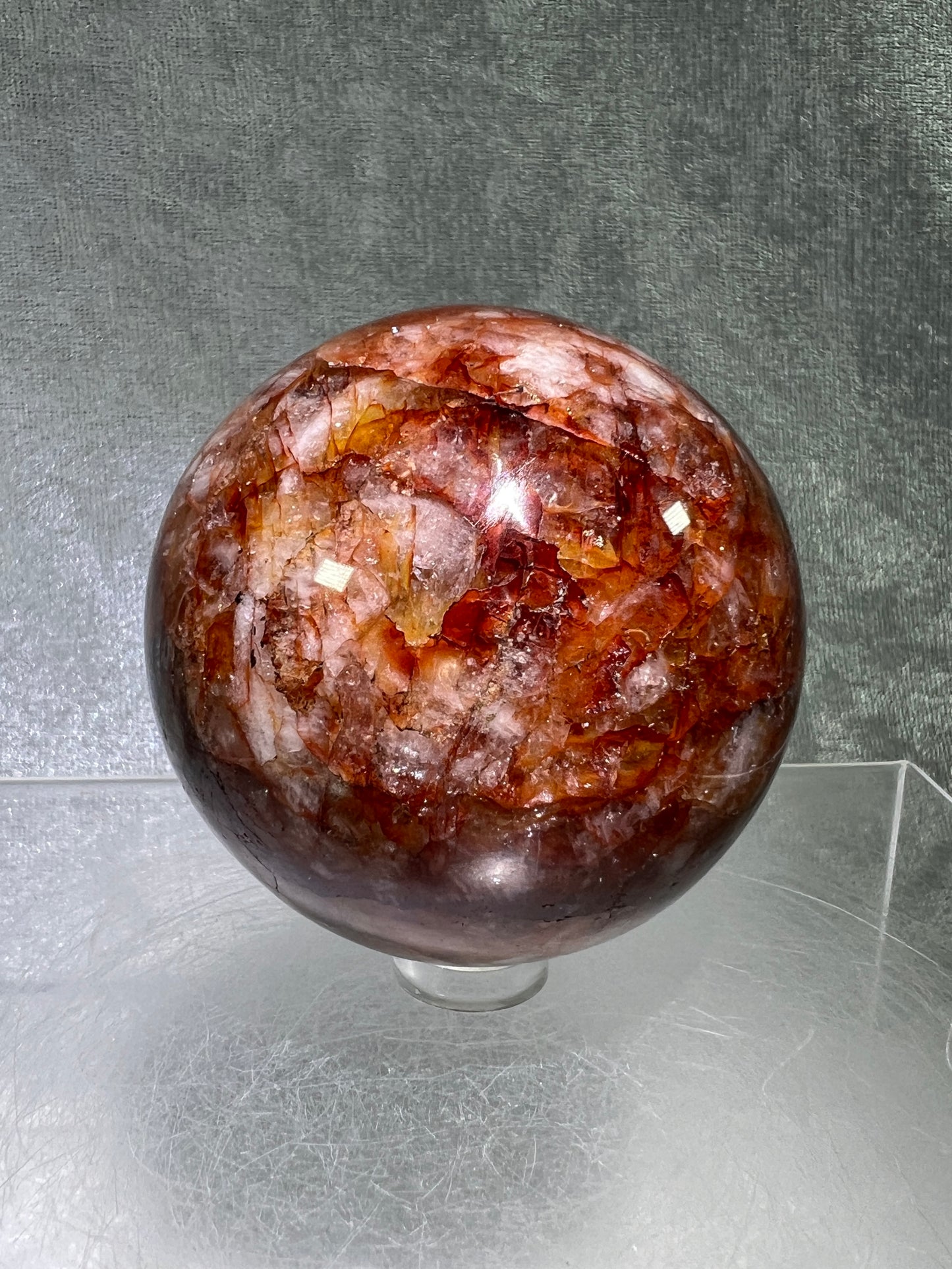 Fire Quartz Sphere. 63mm. Gorgeous Flash And Crystallization. High Quality Hematoid Crystal From Madagascar.