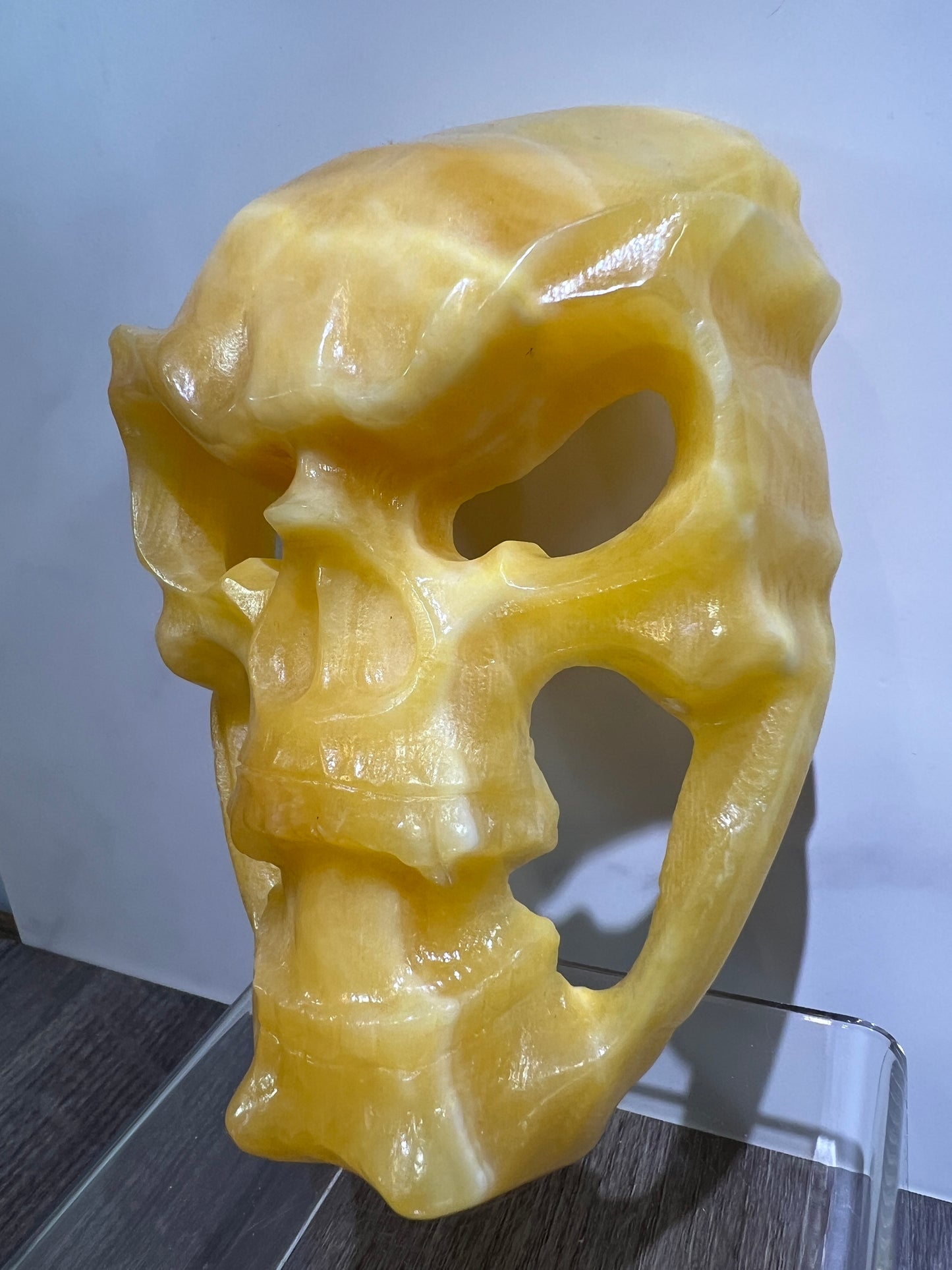 Carved Crystal Skull Mask. Amazing Orange Calcite Carving.