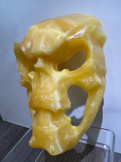 Carved Crystal Skull Mask. Amazing Orange Calcite Carving.