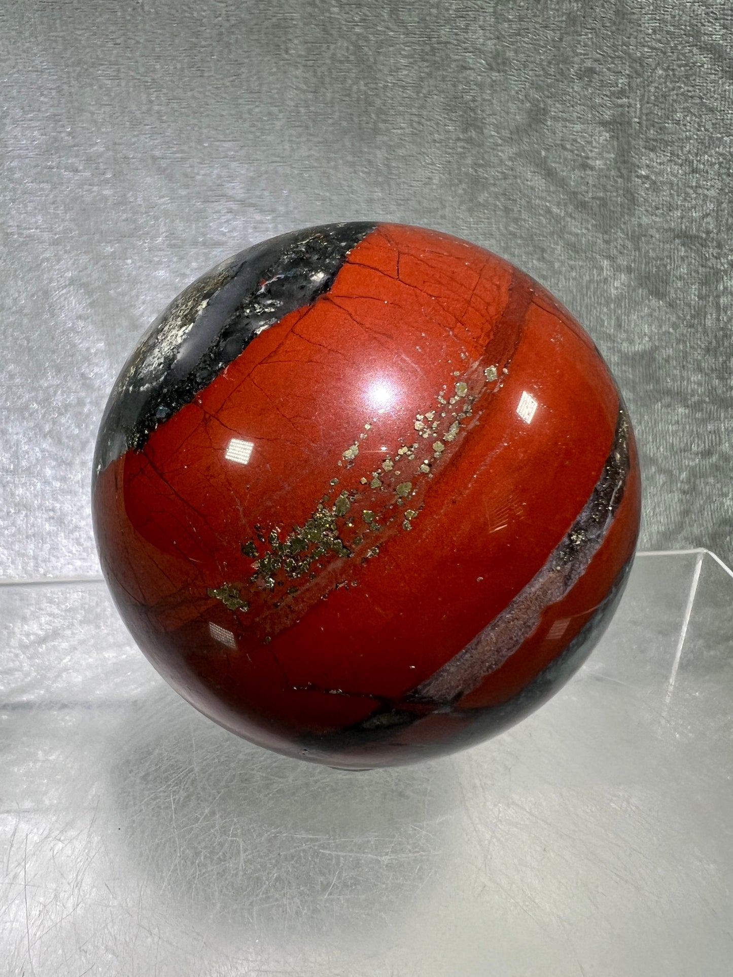 African Bloodstone Sphere From Swaziland. 63mm. Gorgeous Pyrite And Red Jasper Inclusions With Crazy Mosaic Patterns And Colors.