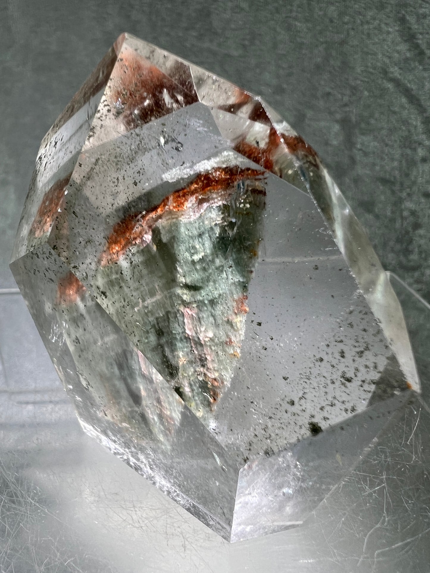 Garden Quartz Polished Freeform. Stunning Green And Orange Landscape Quartz. Incredible Standing Lodolite Freeform.