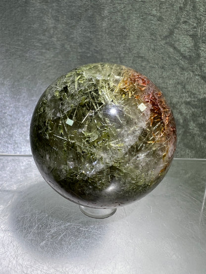 Tourmalinated Quartz Sphere. 56mm. Amazing Green And Red Tourmaline Inclusions. Stunning Rare Display Sphere.