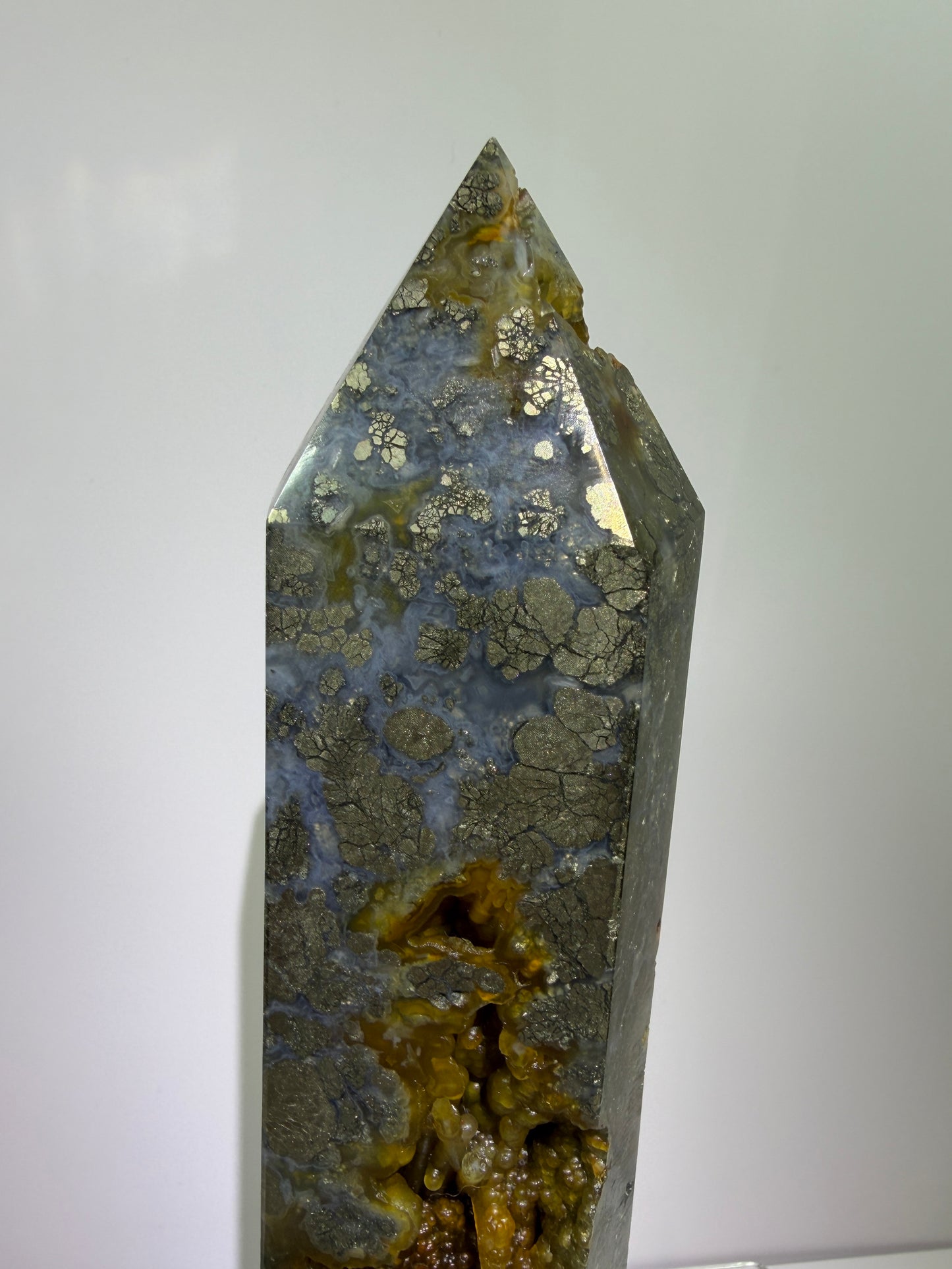 Pyrite And Chalcedony Druzy Tower. 6.75 Inches. Beautiful Display Tower With Stunning Druzy