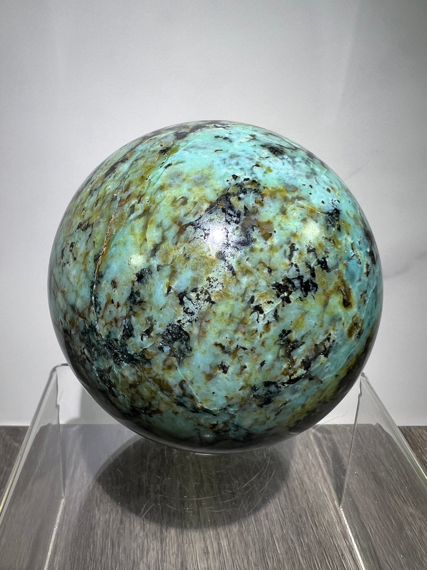 African Turquoise Crystal Sphere. 74mm. Incredible Chrysocolla From South Africa. Very Rare Display Sphere.