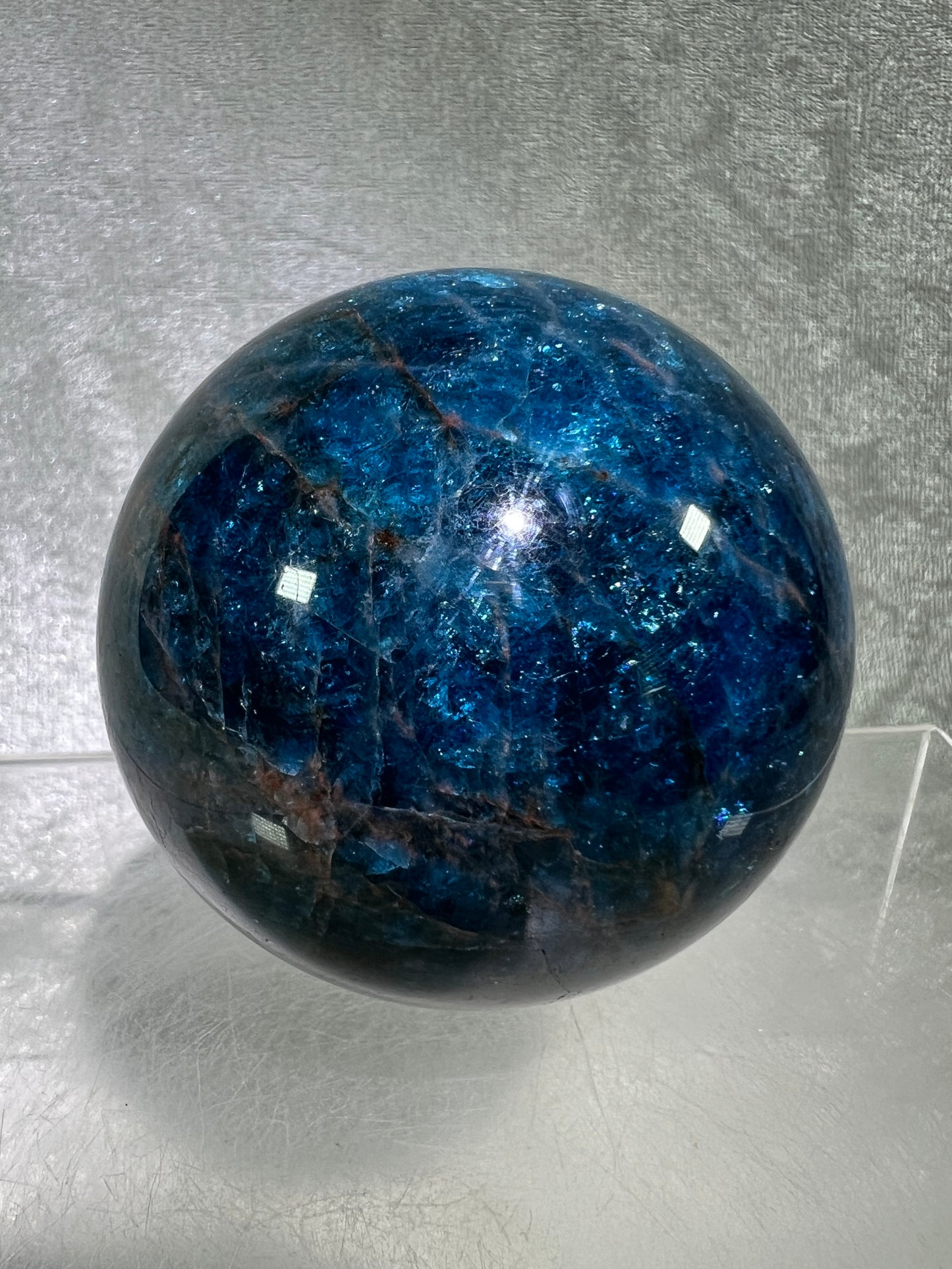 Blue Apatite Crystal Sphere. 66mm. Gorgeous Bright Blue With Lots Of Iridescent Flash. High Quality Display Sphere