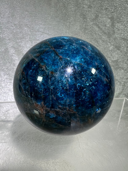 Blue Apatite Crystal Sphere. 66mm. Gorgeous Bright Blue With Lots Of Iridescent Flash. High Quality Display Sphere