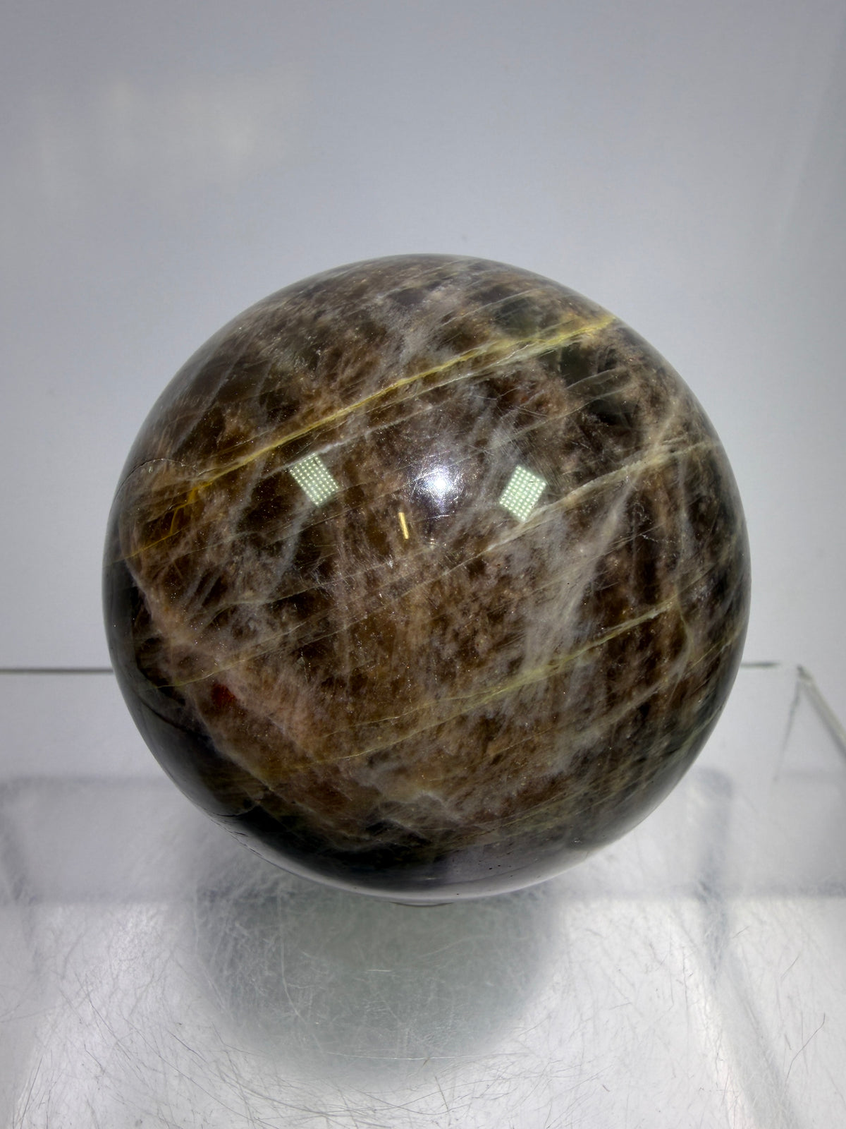 Black Moonstone Crystal Sphere. 55mm. Stunning Bright Silver Flash. High Quality Display Sphere