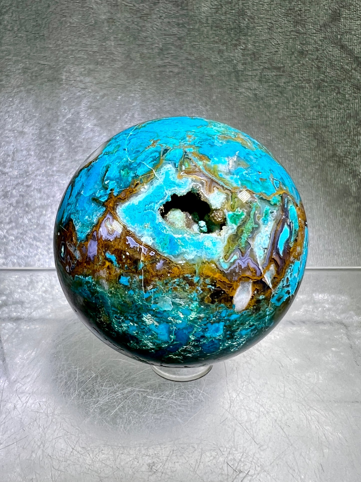 Chrysocolla Druzy Sphere. 56mm. Amazing Patterns With Vibrant Colors. Gorgeous Druzy With Rare Spots Of Purple.