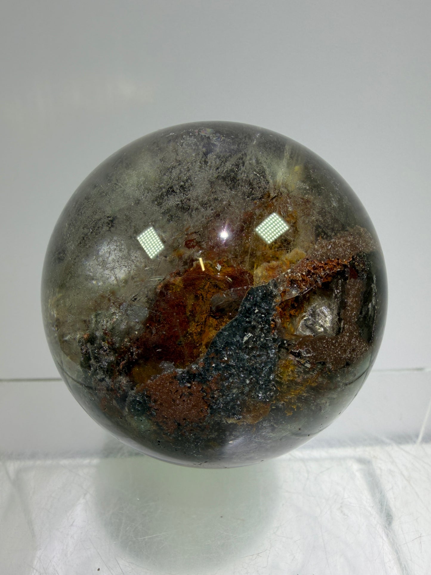 Garden Quartz Lodolite Sphere. 57mm. Orange And Red Colorful Landscape. High Quality With Rare Colors!