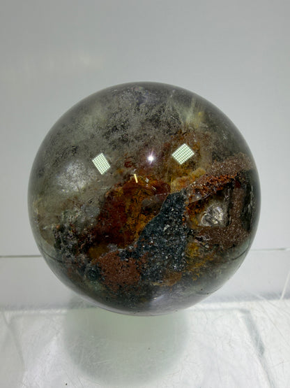 Garden Quartz Lodolite Sphere. 57mm. Orange And Red Colorful Landscape. High Quality With Rare Colors!