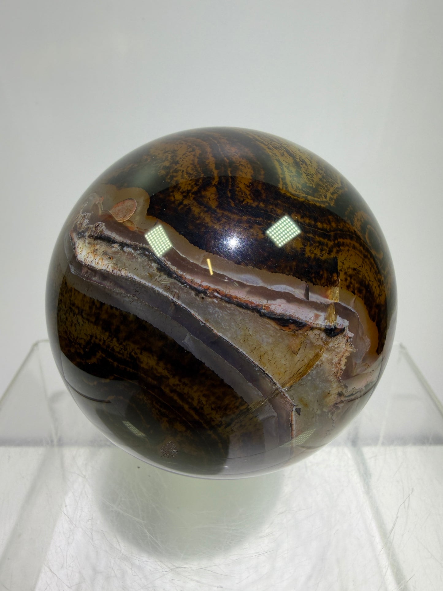 Silk Agate Sphere. 66mm. Druzy Banded Agate From Madagascar. Stunning Colors And Patterns On This Display Sphere.