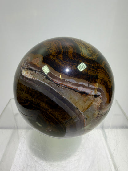 Silk Agate Sphere. 66mm. Druzy Banded Agate From Madagascar. Stunning Colors And Patterns On This Display Sphere.