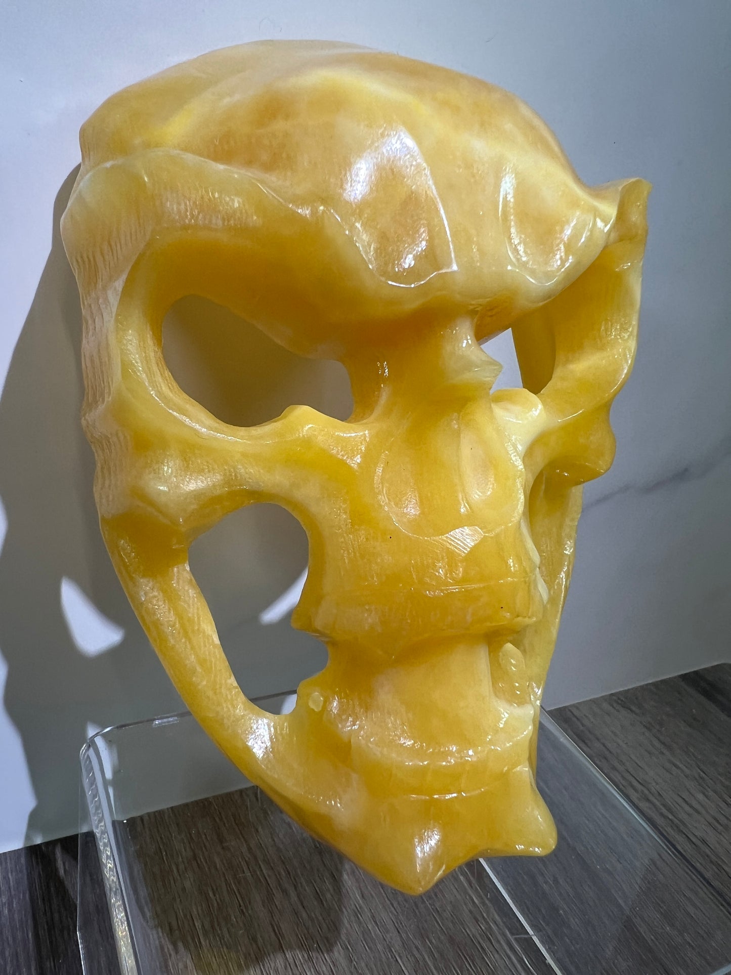 Carved Crystal Skull Mask. Amazing Orange Calcite Carving.