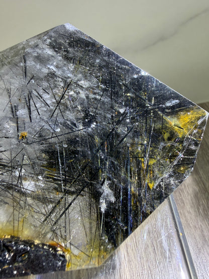 Tourmalinated Quartz Polished Freeform. Rare Large Black Tourmaline And Golden Healer.