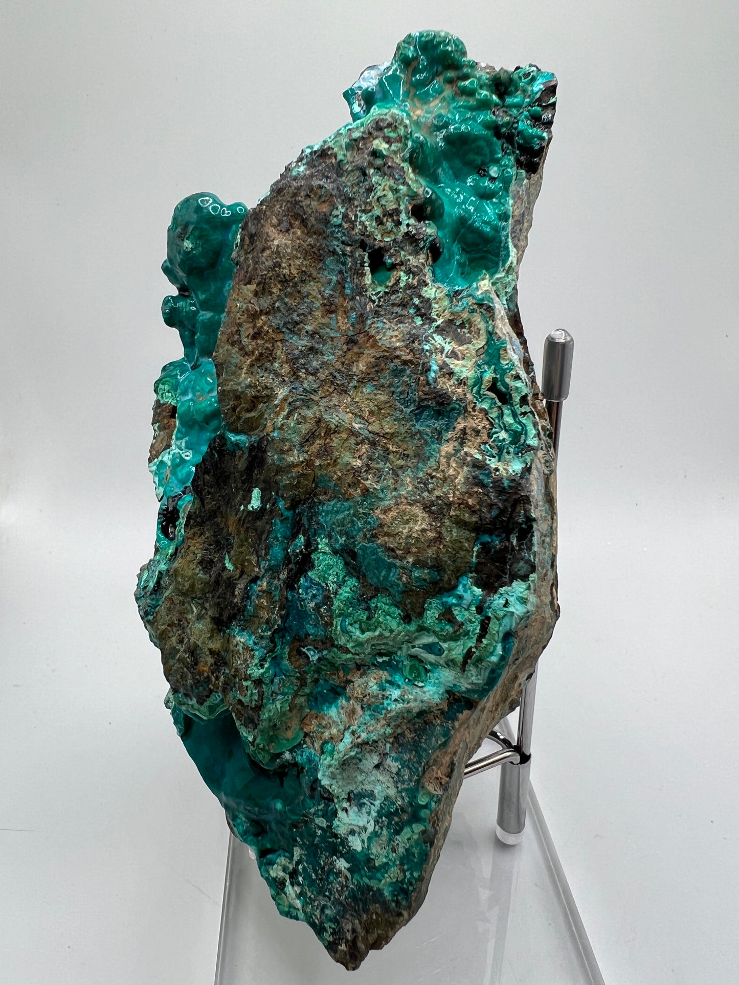 Silica Chrysocolla Specimen. Very Rare Display Crystal. High Quality Botryoidal Bubblegum Chrysocolla, Malachite, And Heterogenite.