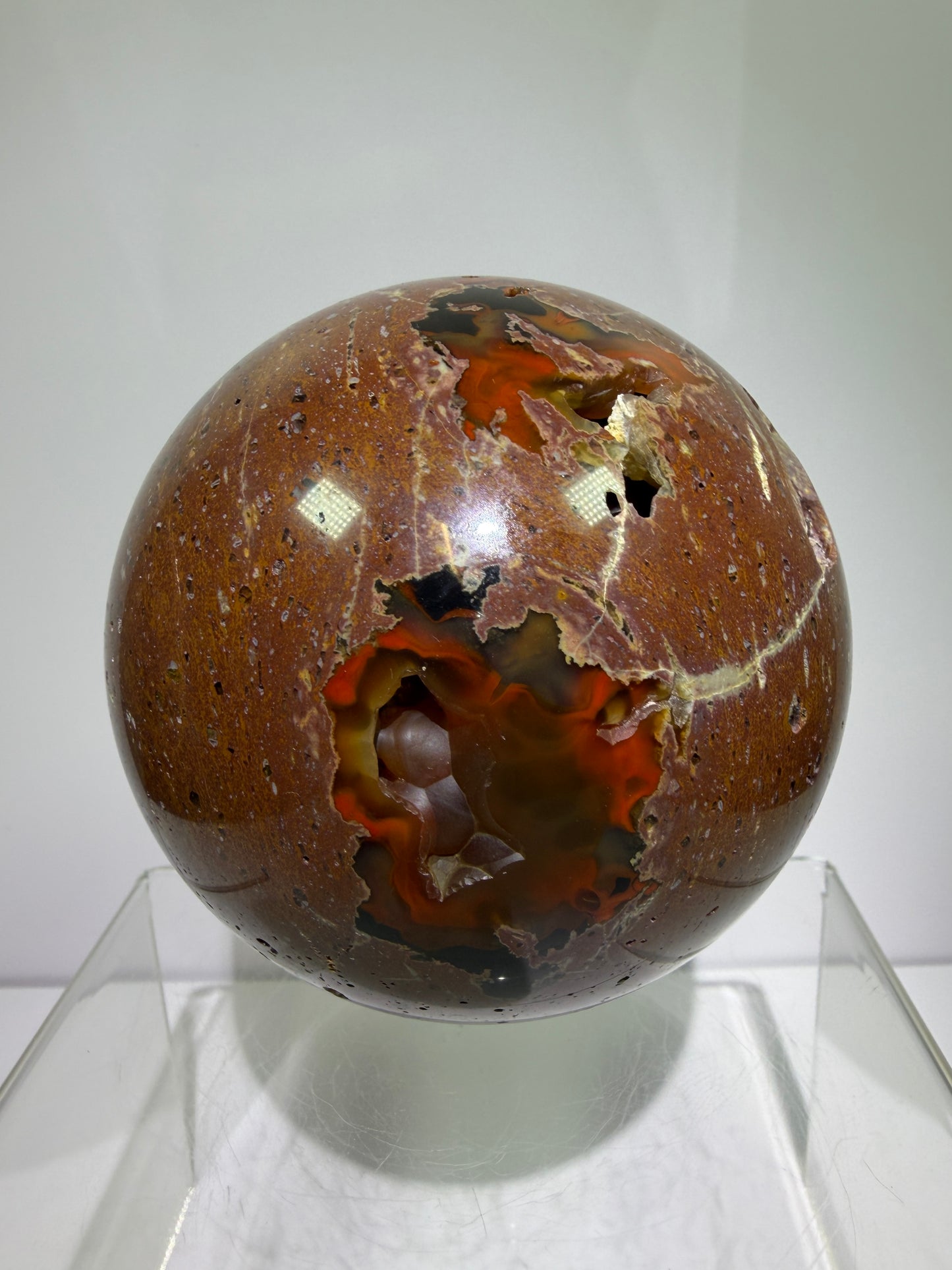 Red Fox Agate Sphere. 89mm. Large Druzy Crater Agate From Argentina. Stunning Rare Botryoidal Nodules