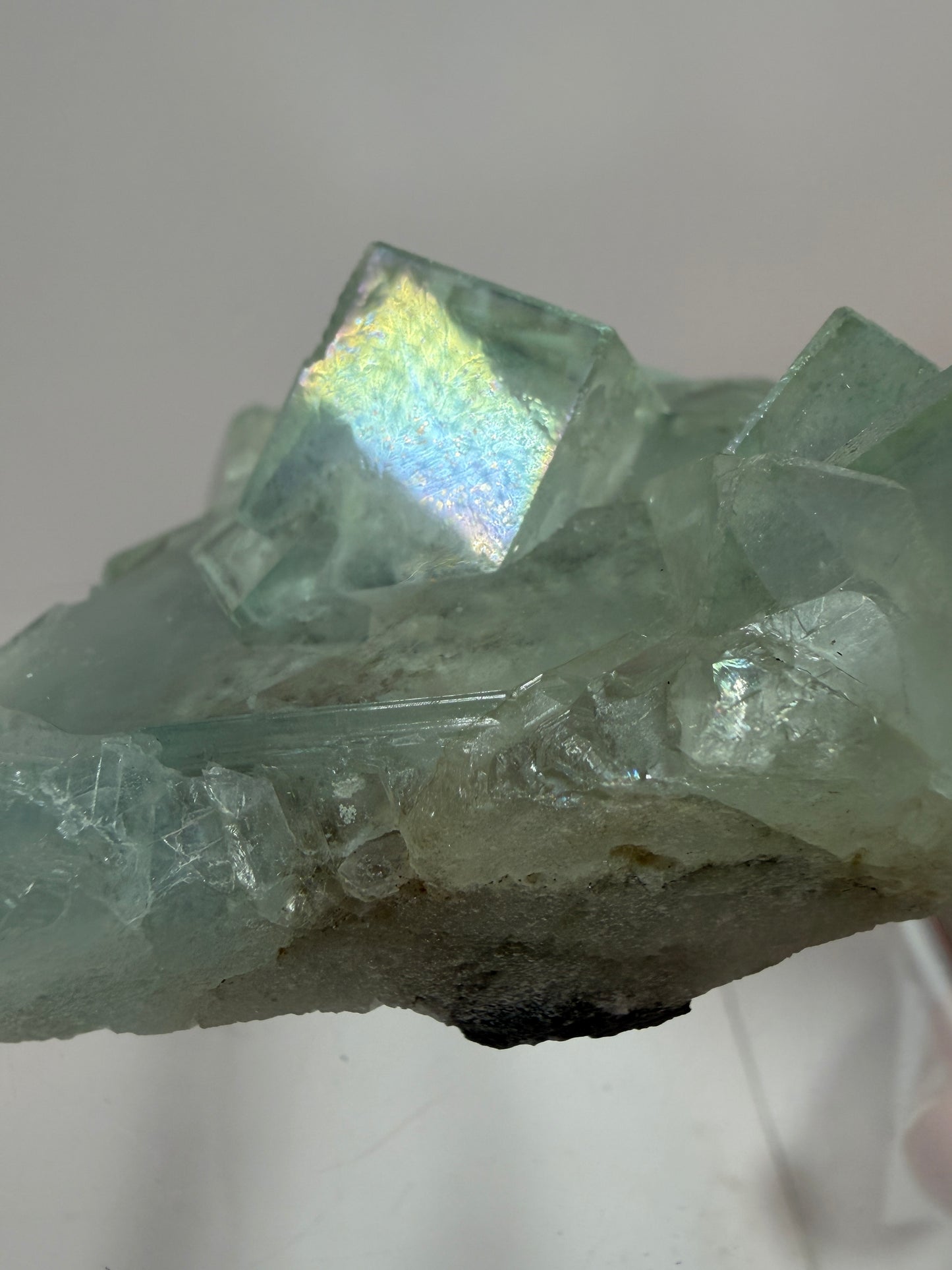 Fluorite Cubes Specimen With Iridescent Rainbows And Garden Inclusions. Gorgeous Rare Xianghualing Green Fluorite. Very Special Display Crystal