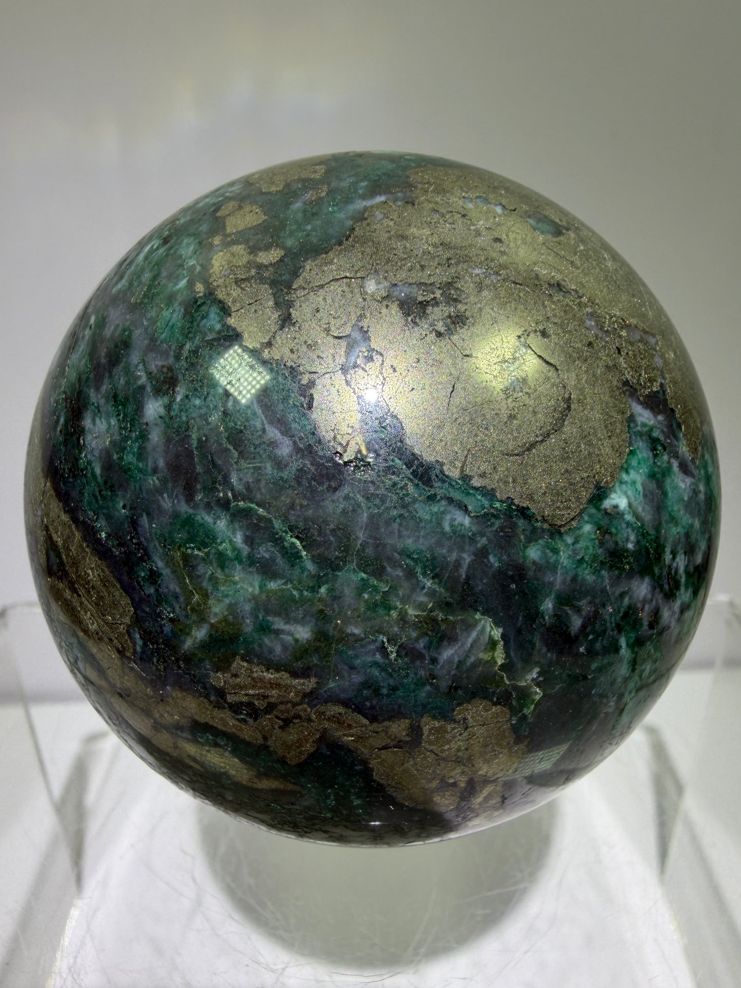 Atacamite And Pyrite Sphere. 64mm. High Quality Rare Sphere. Gorgeous Color Combination.