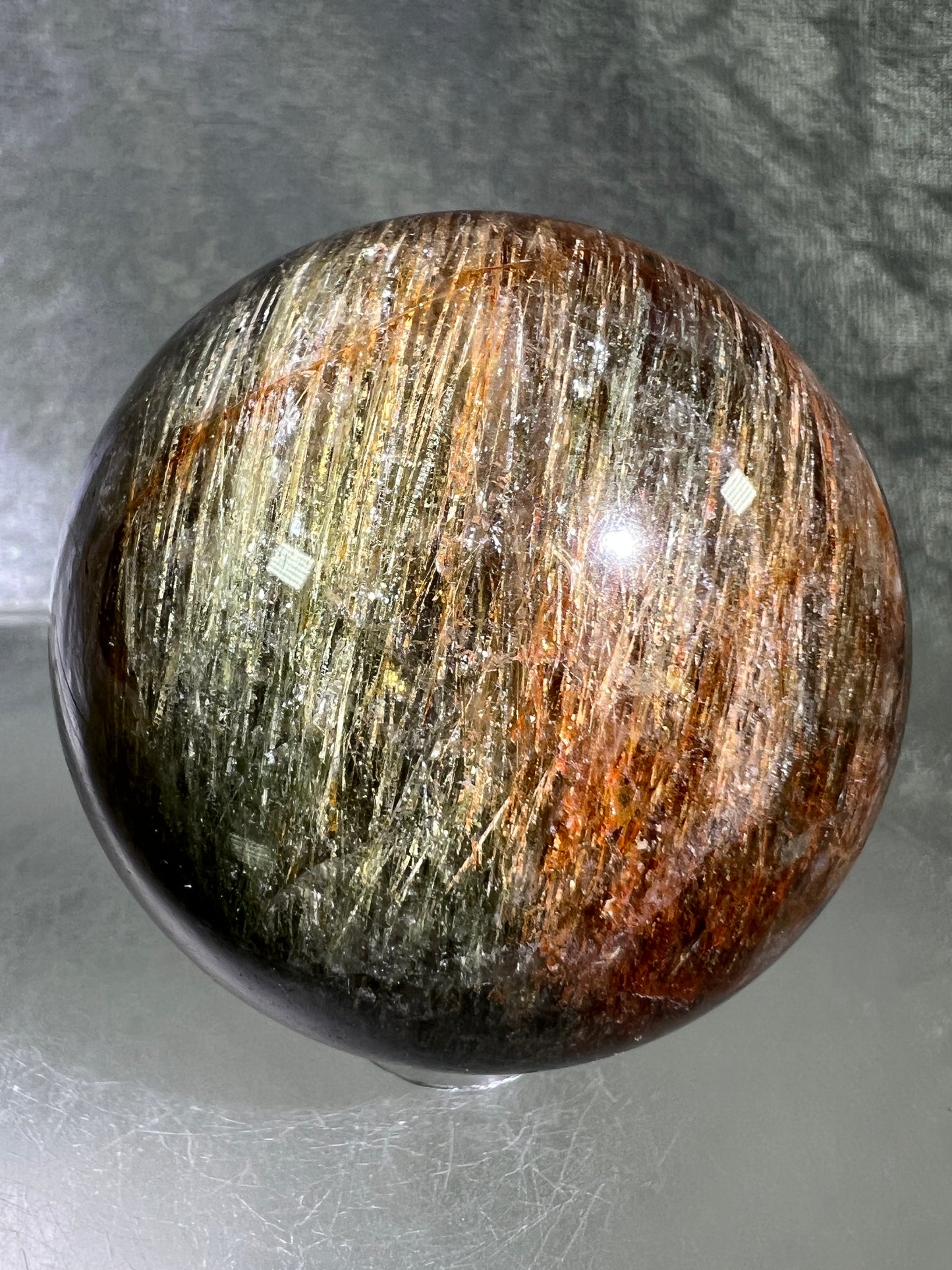 Tourmalinated Quartz Sphere. 52mm. Gorgeous Red And Green Tourmaline Inclusions. Rare And Unique Display Sphere.