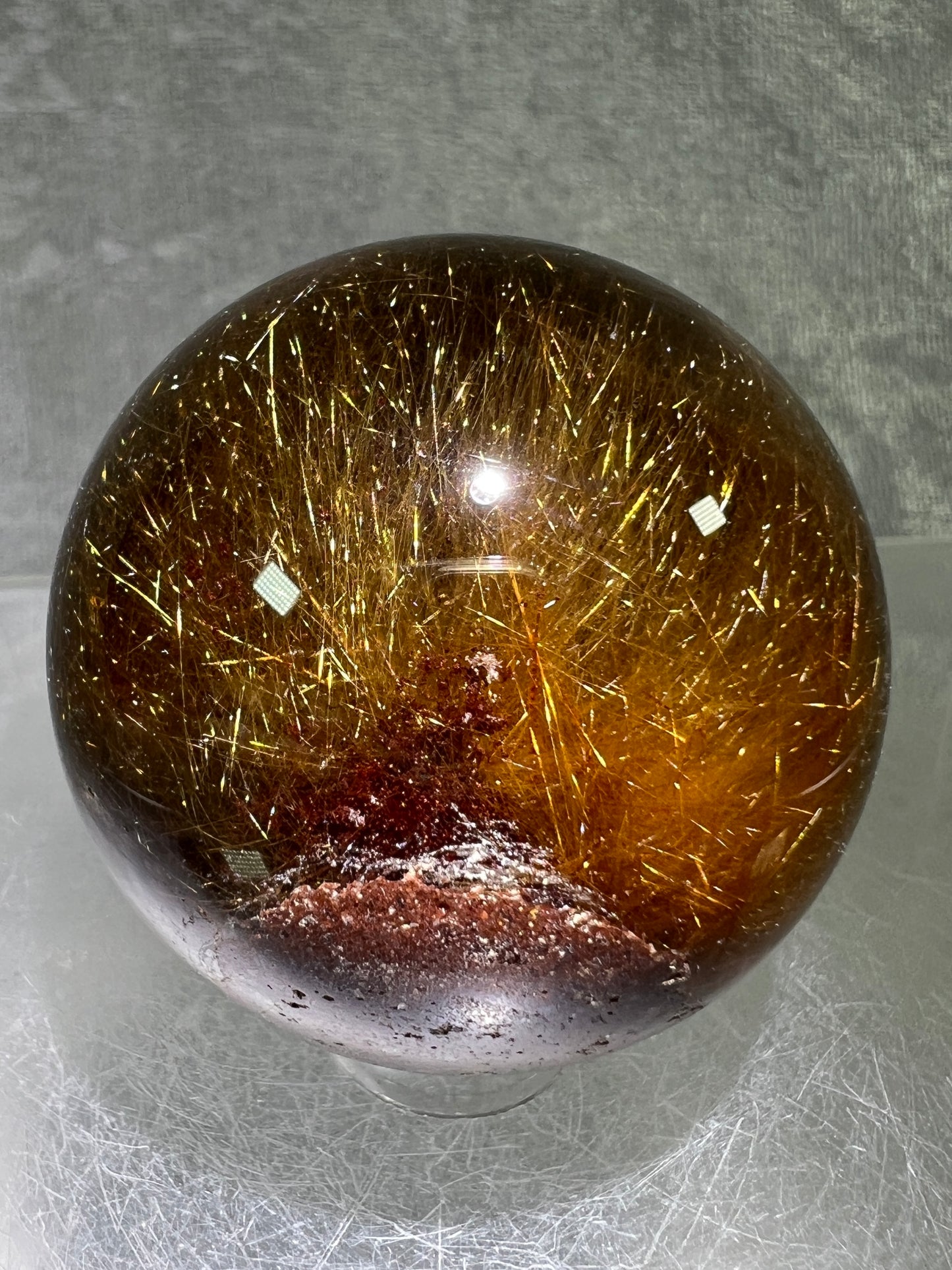 Rutile Quartz Sphere. Gorgeous Dark Smoky Quartz With Garden And Golden Rutile Inclusions. Amazing Rare Sphere!