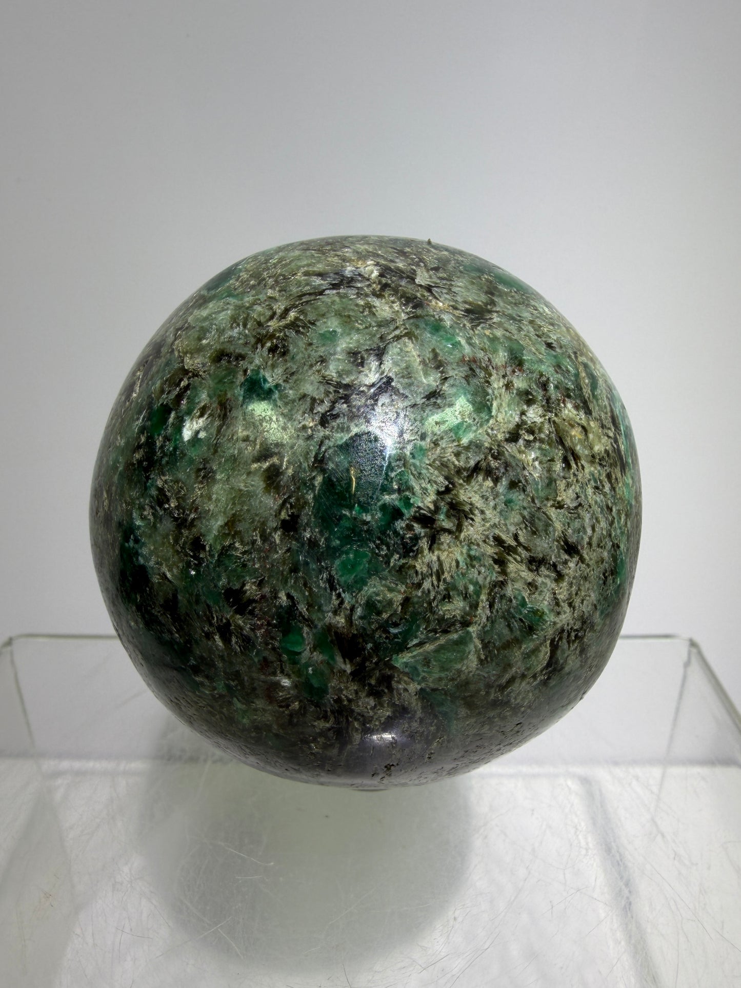 Emerald Mica In Matrix Crystal Sphere. 64mm. Gorgeous Chrome Muscovite From Zimbabwe. Amazing One Of A Kind Rare Display Crystal