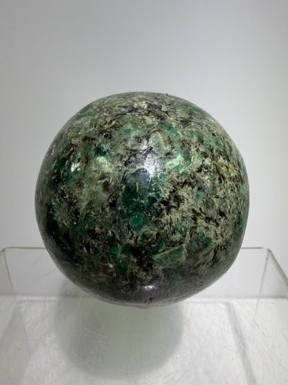 Emerald Mica In Matrix Crystal Sphere. 64mm. Gorgeous Chrome Muscovite From Zimbabwe. Amazing One Of A Kind Rare Display Crystal