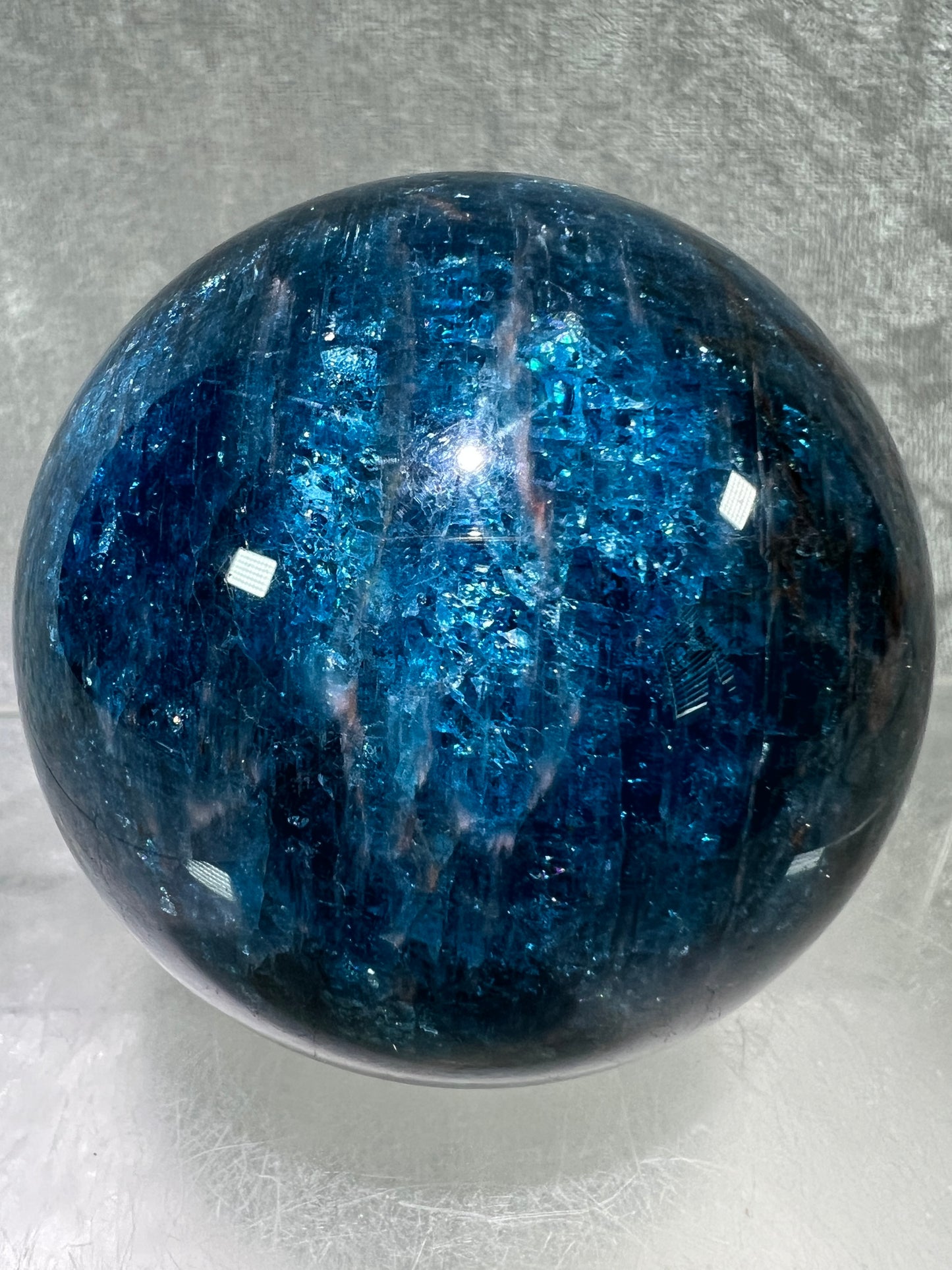 Blue Apatite Crystal Sphere. 66mm. Gorgeous Bright Blue With Lots Of Iridescent Flash. High Quality Display Sphere