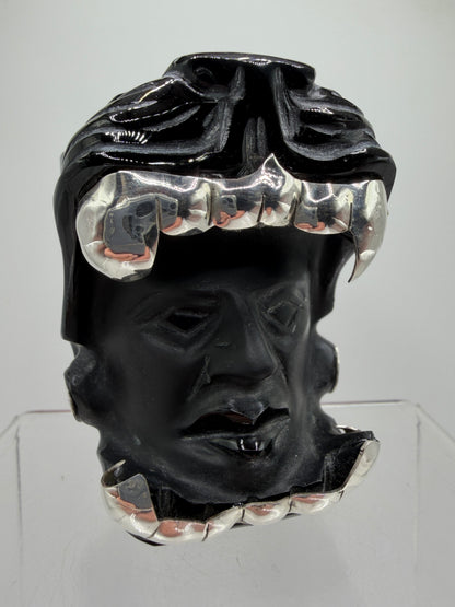 Carved Jaguar Warrior Head. Gorgeous Hand Carved Obsidian Aztec Art. One Of A Kind Obsidian, Silver, And Opal Collectors Item.
