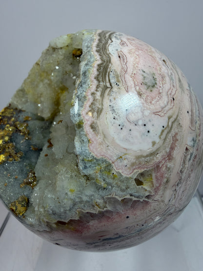 Rhodochrosite Crystal Sphere. 92mm. XL Rare Druzy Display Sphere. Amazing Druzy And Banding