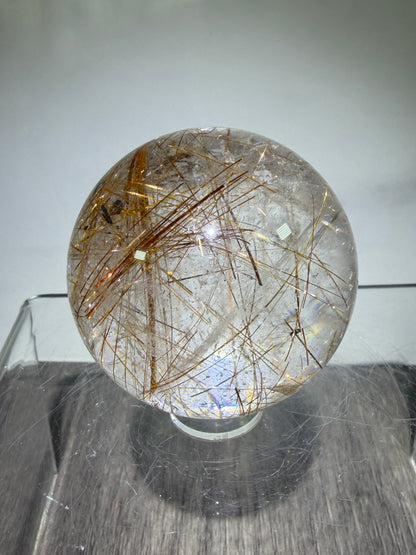 Copper Rutile Quartz Sphere. Stunning Hematite Slab And Rutile Inclusions. Amazing Rare Display Sphere