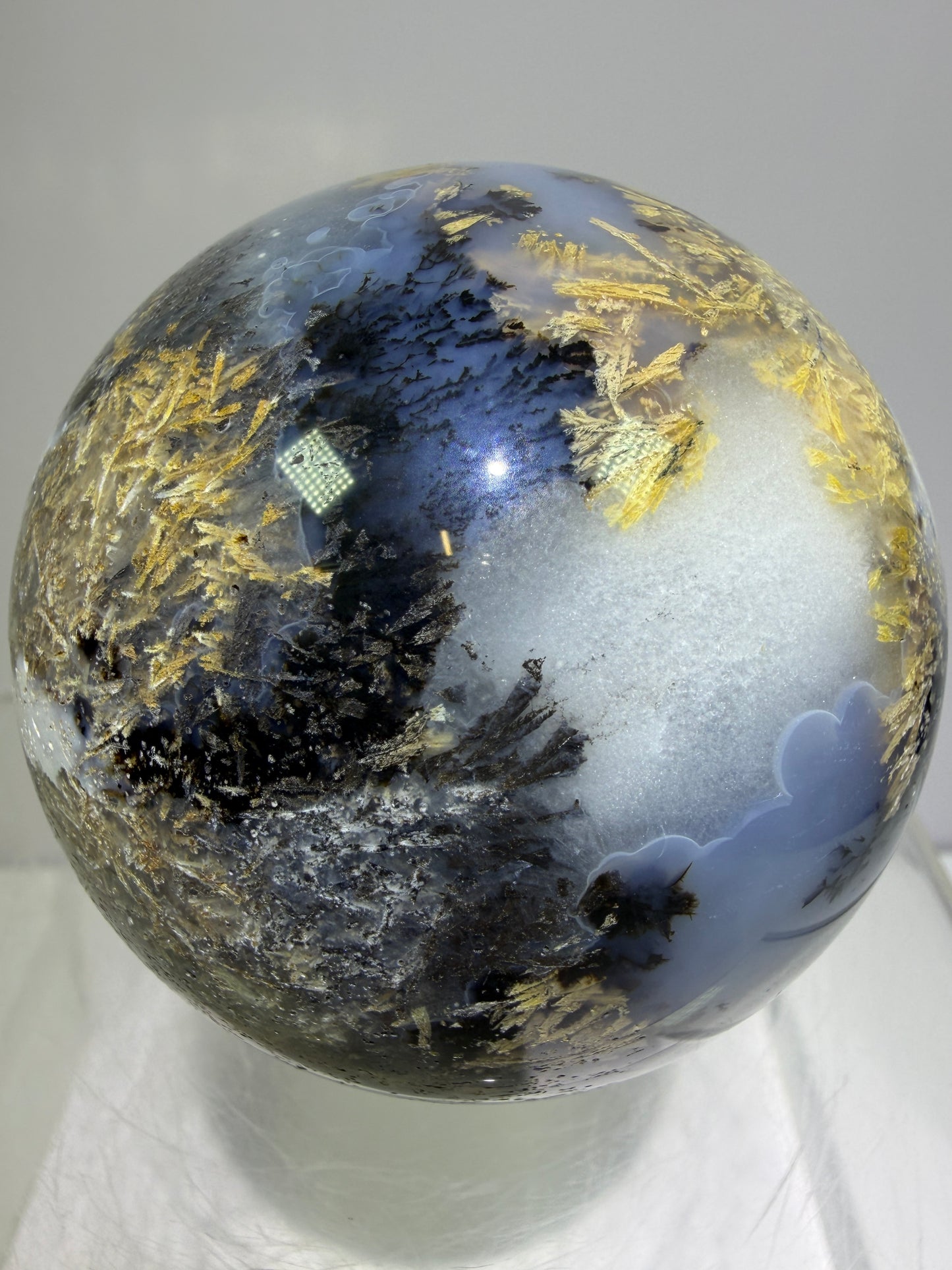 Sagenite Crystal Sphere. 66mm. Incredible Sagenite Plumes With Dendritic Agate. Rare And Unique Crystal Display Sphere