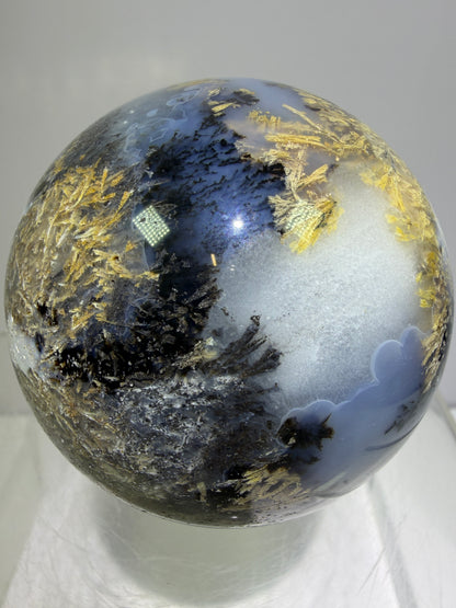 Sagenite Crystal Sphere. 66mm. Incredible Sagenite Plumes With Dendritic Agate. Rare And Unique Crystal Display Sphere