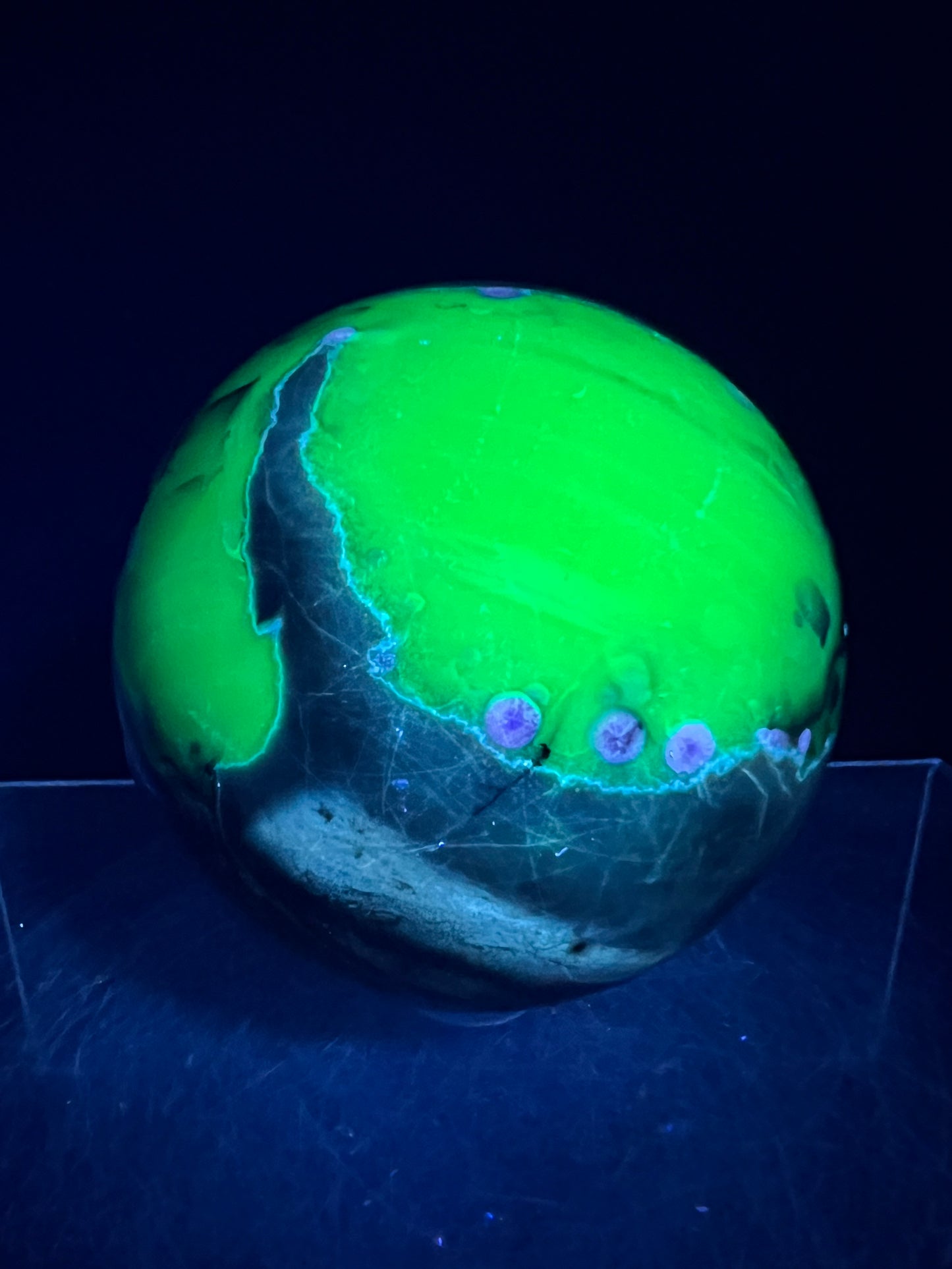 Volcano Agate With Purple Chalcedony Sphere. 68mm. Beautiful Rare Purple And Green UV Reaction. Amazing High Quality Display Sphere.