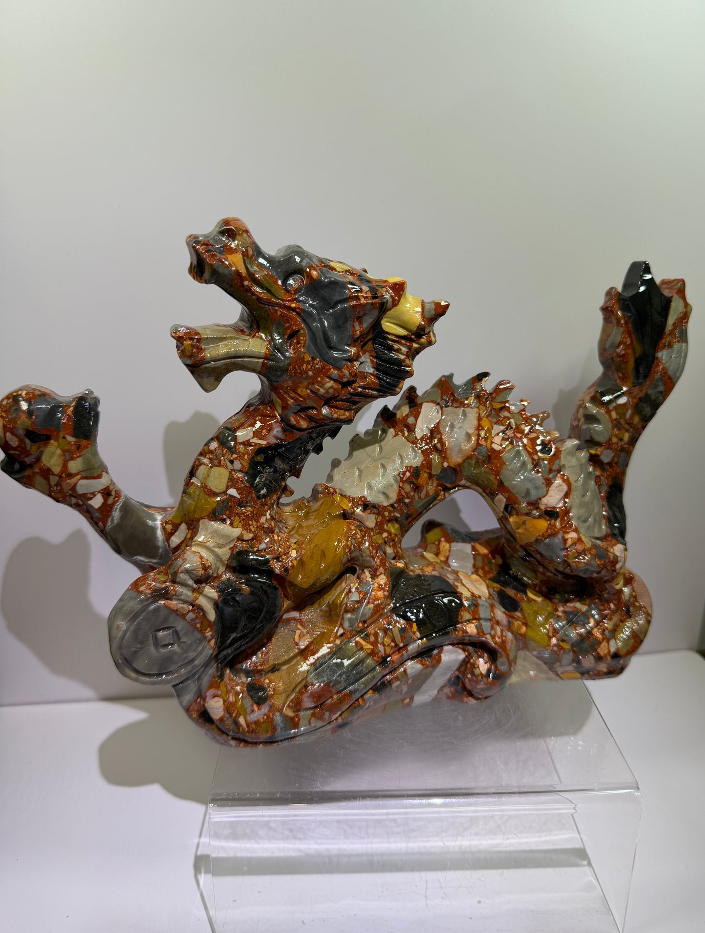 Chinese Carved Crystal Dragon. Large Colorful Dragon Carving. High Quality Display