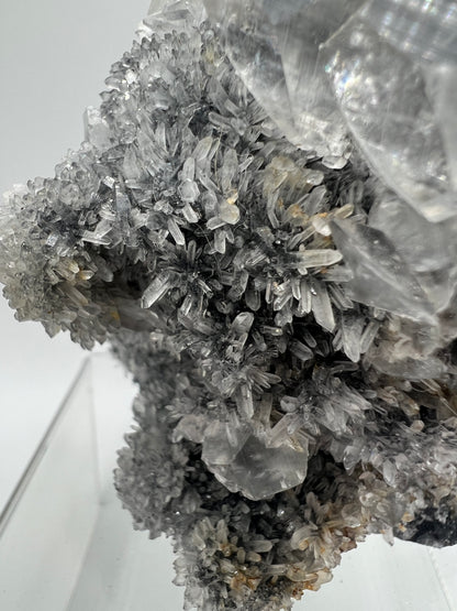 Silver Benz Calcite On Druzy Quartz. Gorgeous UV Reactive Mangano Calcite. Amazing Needle Quartz Matrix.