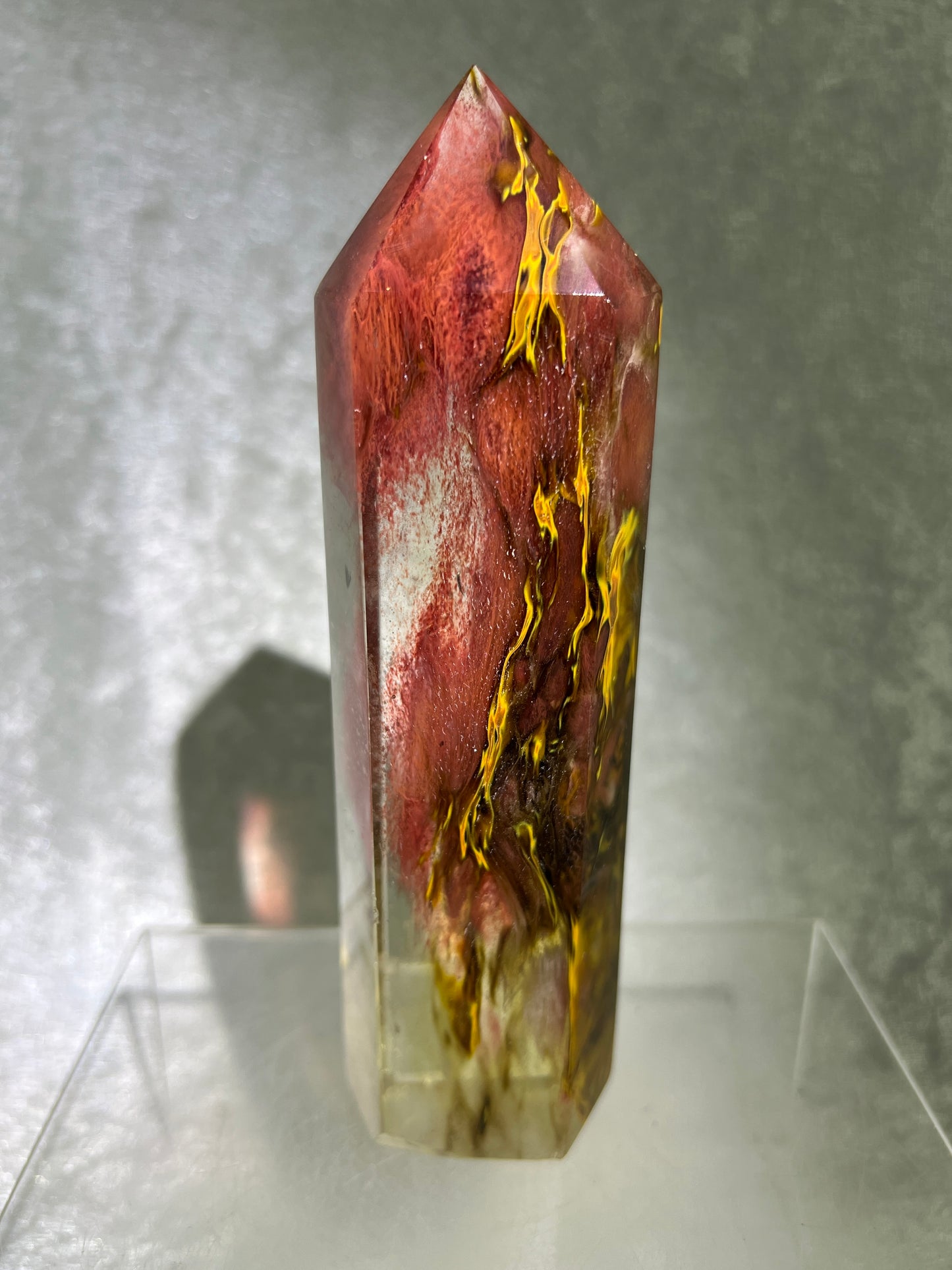 Smelting Quartz Tower. Gorgeous And Large Display Tower. Stunning Colors And Patterns. Incredible Red Tiger Skin Patterns.