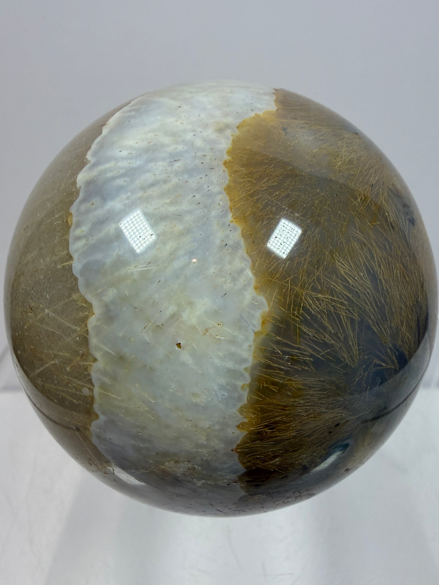 Sagenite Crystal Sphere. 61mm. Incredible Sagenite Plumes With Dendritic Agate. Rare And Unique Crystal Display Sphere