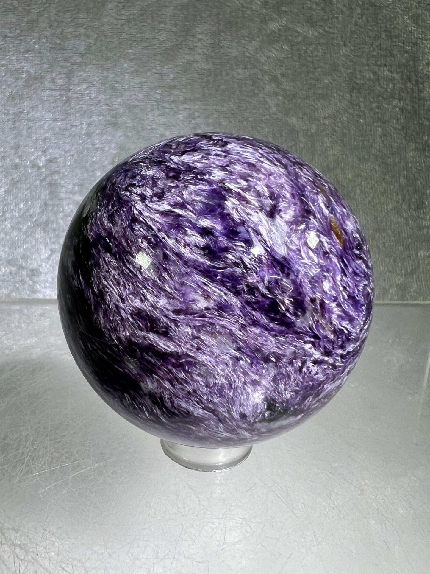 Charoite Crystal Sphere. 49mm. High Quality Beautiful Crystal. Amazing Patterns And Flash. Stunning UV Reaction.