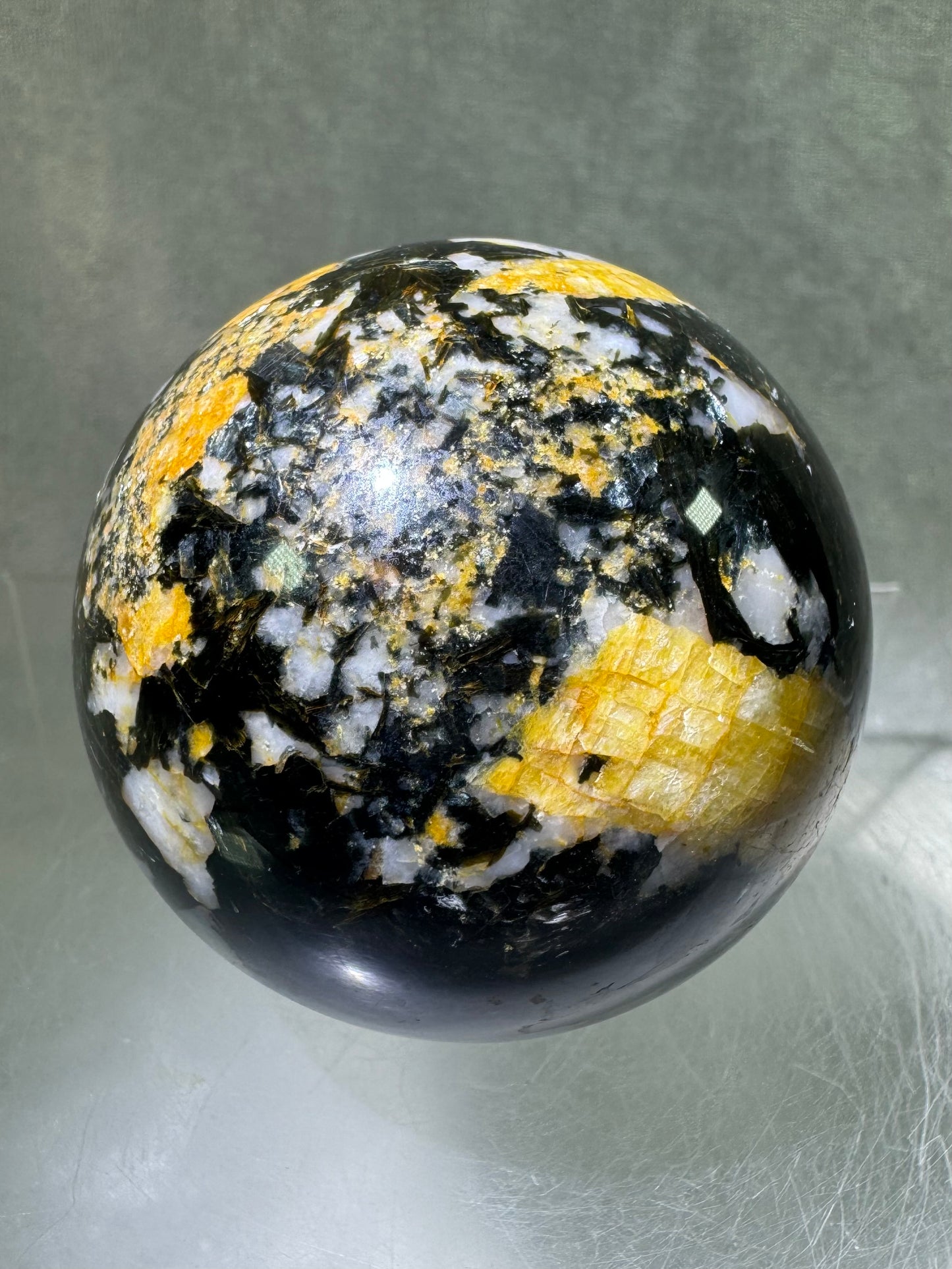Yellow Tourmaline And Black Mica Sphere. 62mm. Rare New Discovery. Stunning And Flashy Display Sphere.