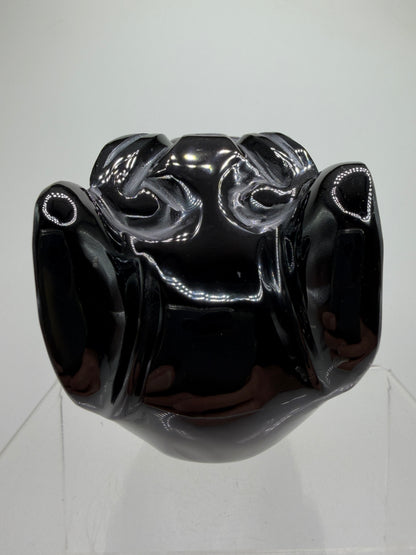Carved Jaguar Warrior Head. Gorgeous Hand Carved Obsidian Aztec Art. One Of A Kind Obsidian, Silver, And Opal Collectors Item.