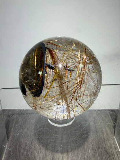 Copper Rutile Quartz Sphere. Stunning Hematite Slab And Rutile Inclusions. Amazing Rare Display Sphere